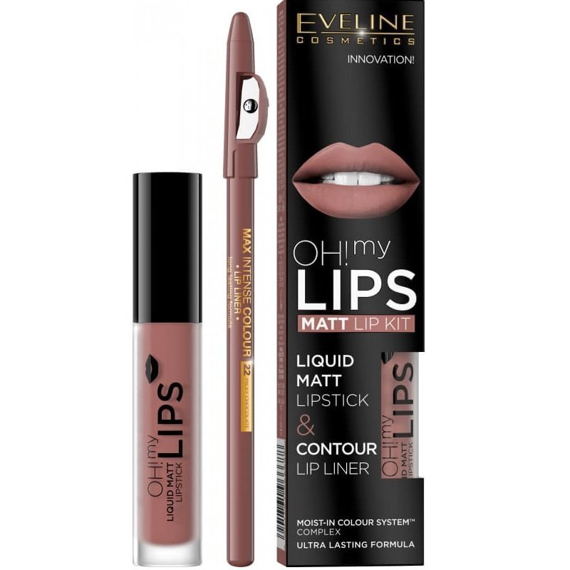 Komplekt Eveline Oh My Lips Liquid Matt 02 Milky Chocolate: huulepulk 4.5 ml + huule kontuurpliiats 1 tk hind ja info | Huulepulgad, -läiked, -palsamid, vaseliin | kaup24.ee