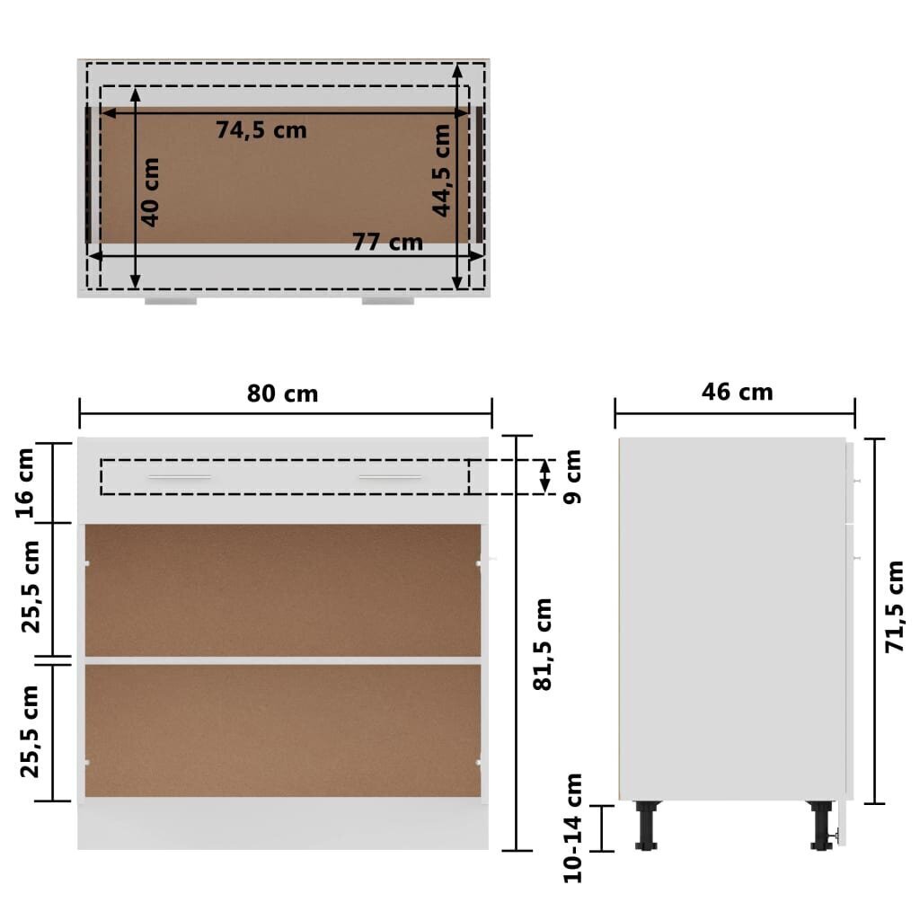 vidaXL Alumine kapp koos sahtlitega, valge, 80x46x81,5cm, Mdp, läikiv hind ja info | Köögikapid | kaup24.ee