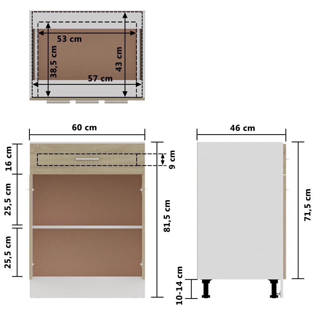 vidaXL Alumine kapp koos sahtlitega, tamm, 60x46x81,5cm, Mdp hind ja info | Köögikapid | kaup24.ee