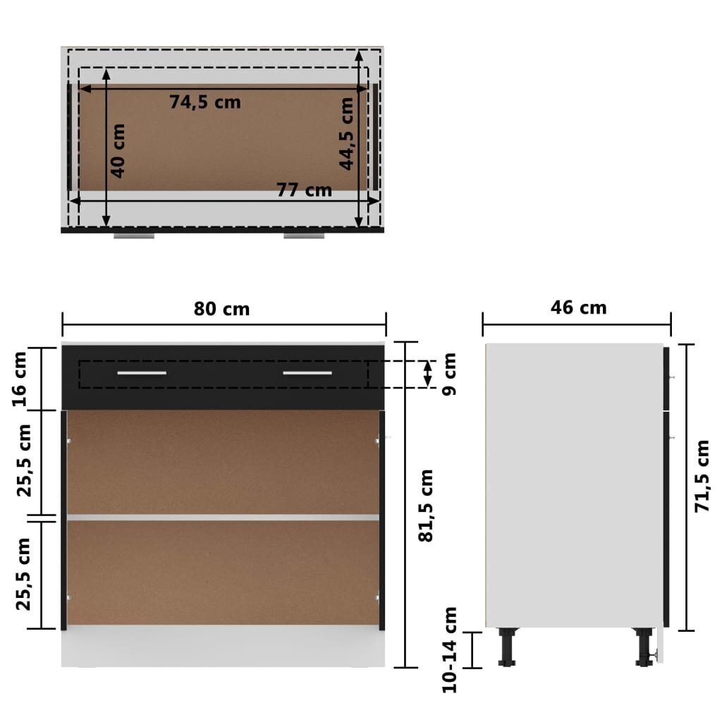 vidaXL Alumine kapp koos sahtlitega, must, 80x46x81,5cm, Mdp hind ja info | Köögikapid | kaup24.ee