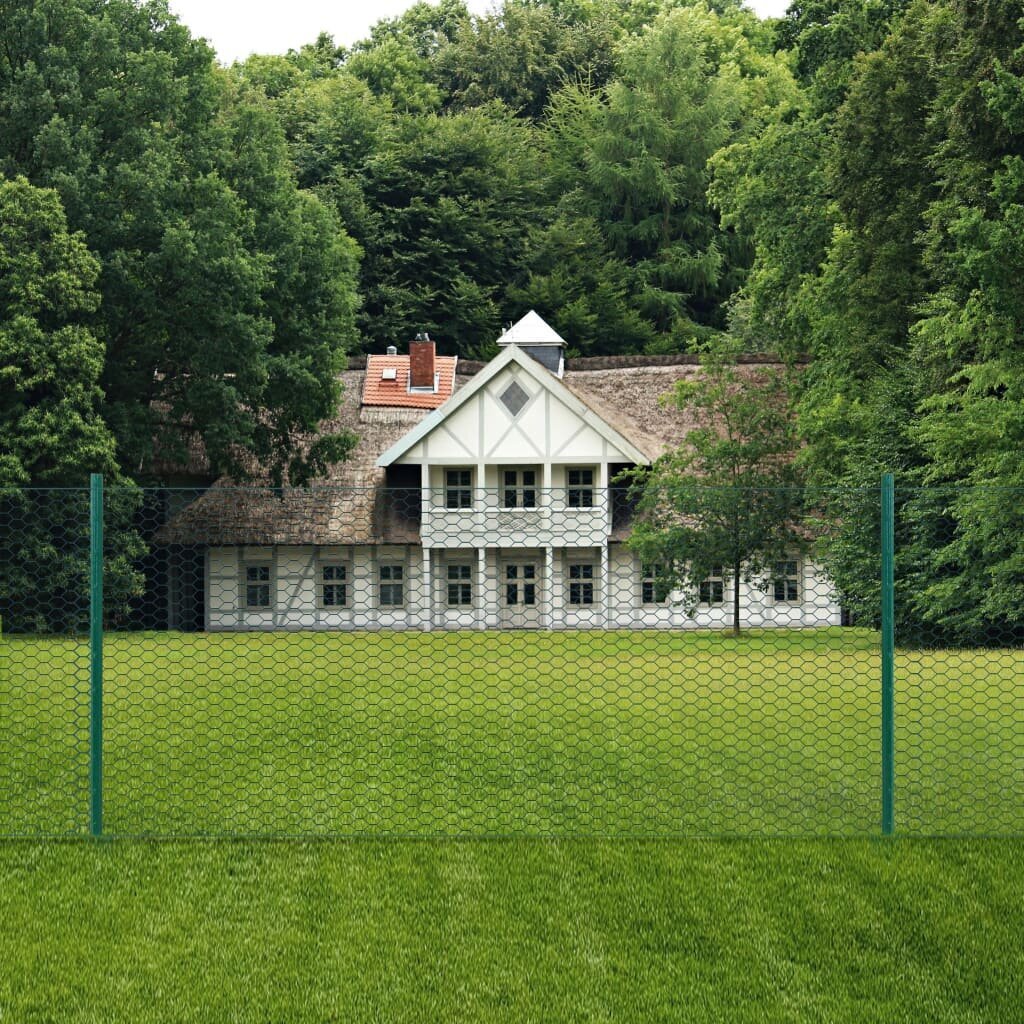 vidaXL traadist võrkaed aiapostidega, teras, 25 x 1 m, roheline цена и информация | Aiad ja tarvikud | kaup24.ee