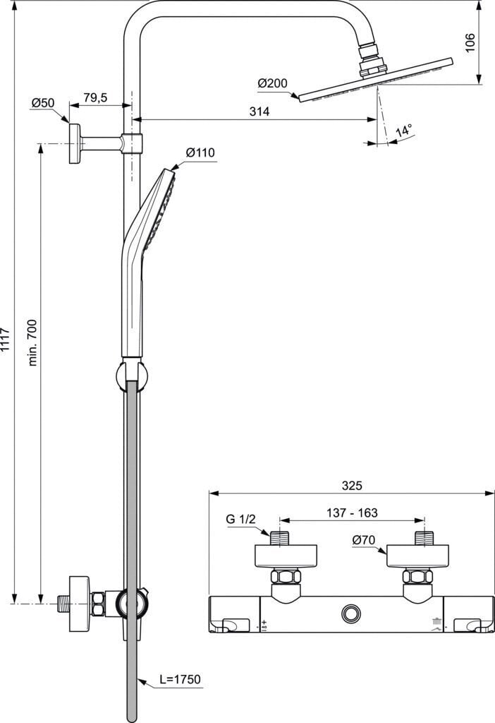 Termostaatiline dušisüsteem Ideal Standard Ceratherm T50 Ceratherm T50 segistiga, metallist dušiotsik Ø200 mm ja Idealrain Evo käsiduši otsik, A7225AA цена и информация | Komplektid ja dušipaneelid | kaup24.ee