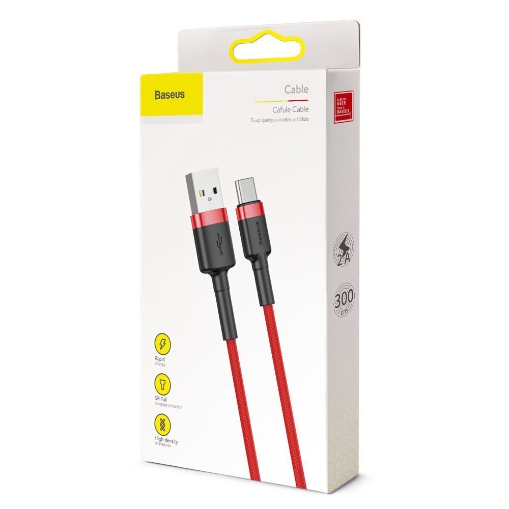Kaabel Baseus USB Nylon Braided Wire Usb / Usb-C Qc3.0 2A 3m, punane CATKLF-U09 hind ja info | Mobiiltelefonide kaablid | kaup24.ee