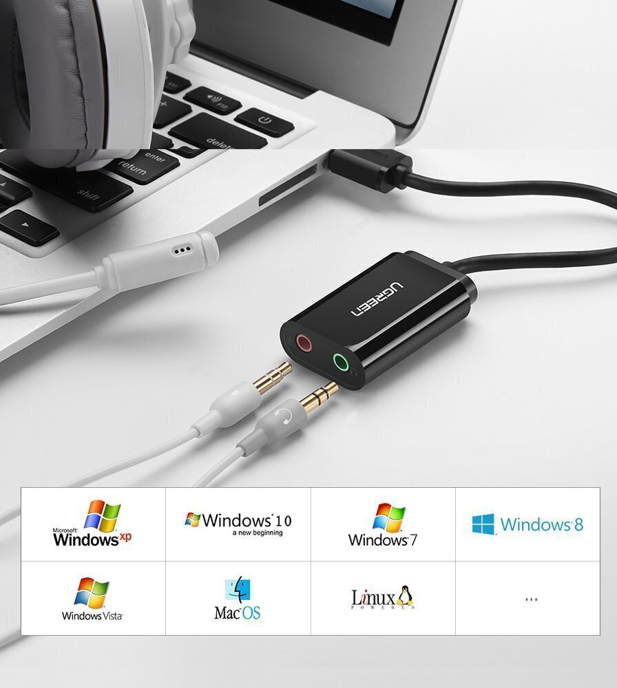 USB-heliadapter Ugreen 3,5 mm minipistik 15cm, must 30724 hind ja info | USB jagajad, adapterid | kaup24.ee