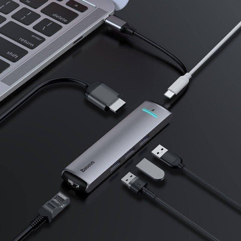 Baseus CAHUB-J0G 6 ühes dokkimisjaam MacBookile / 1 x HDMI / 3 x USB 3.0 / USB-C / RJ45 / PD hind ja info | USB jagajad, adapterid | kaup24.ee