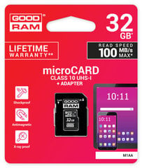 Mälukaart Goodram microSD 32Gb (class 10) + SD adapter hind ja info | GoodRam Mobiiltelefonid, foto-, videokaamerad | kaup24.ee