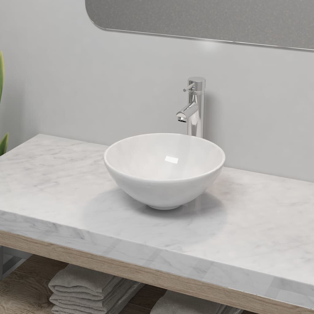 vidaXL keraamiline vannitoa valamu koos segistiga, ümmargune, valge hind ja info | Kraanikausid, valamud | kaup24.ee