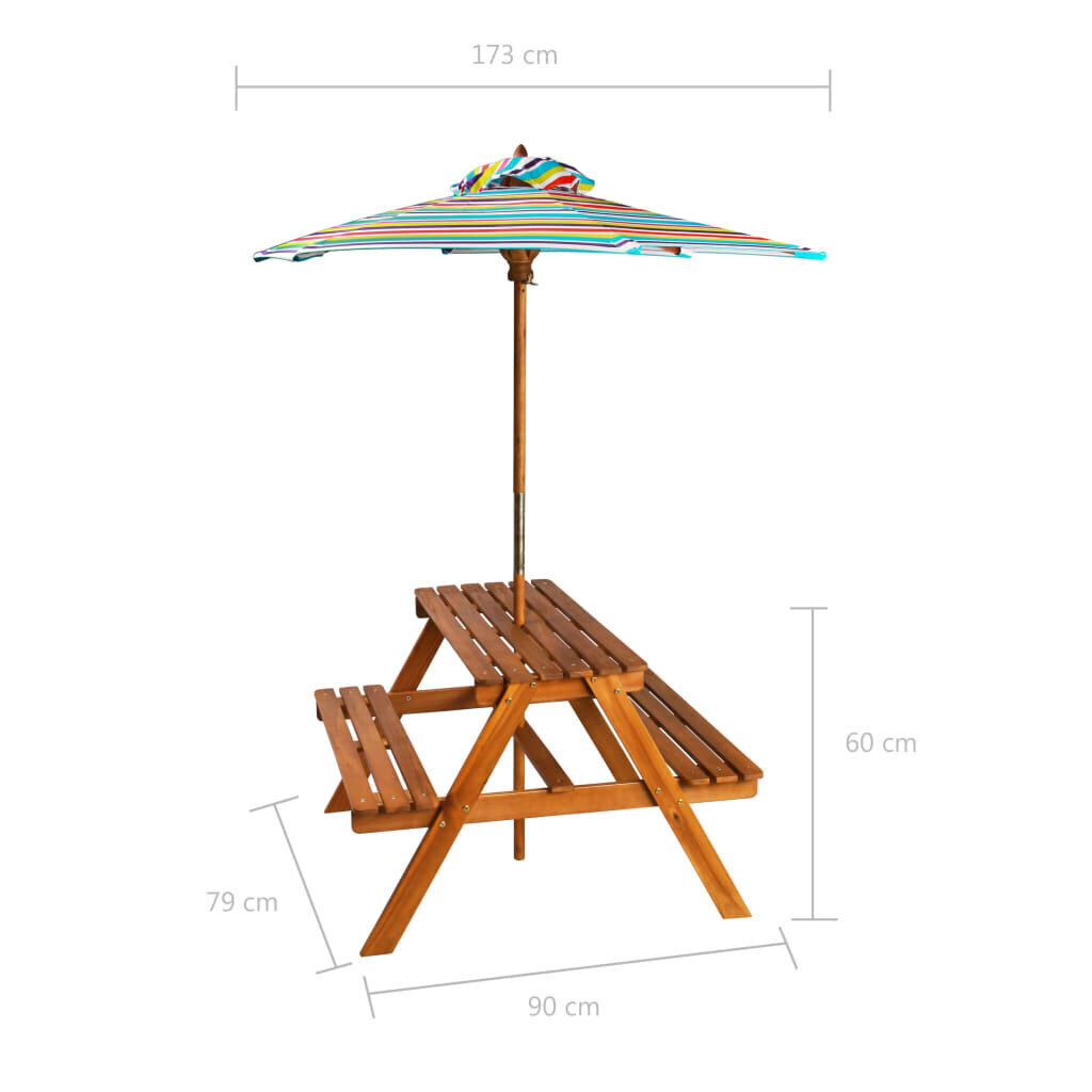 vidaXL laste piknikulaud päikesevarjuga, 79 x 90 x 60 cm, akaatsiapuit hind ja info | Aialauad | kaup24.ee