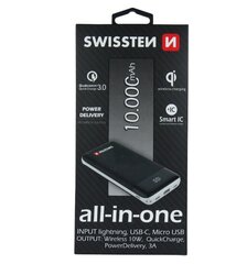 Swissten All In One Power Bank 3A / PD / QC 3.0 / Wireless 10W / USB / USB-C / 10000 mAh Black цена и информация | Зарядные устройства Power bank | kaup24.ee