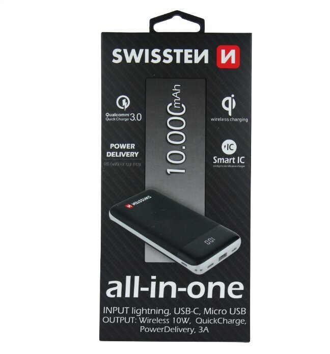 Swissten All In One Power Bank 3A / PD / QC 3.0 / Wireless 10W / USB / USB-C / 10000 mAh Black hind ja info | Akupangad | kaup24.ee