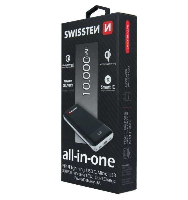 Swissten All In One Power Bank 3A / PD / QC 3.0 / Wireless 10W / USB / USB-C / 10000 mAh Black hind ja info | Akupangad | kaup24.ee