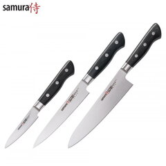 Комплект из 3-х ножей Samura PRO-S: Paring 88 мм / Utility 145 мм / European Chef's 200 мм из AUS 8 японской стали 58 HRC цена и информация | Подставка для ножей Tescoma Woody, 21 см | kaup24.ee