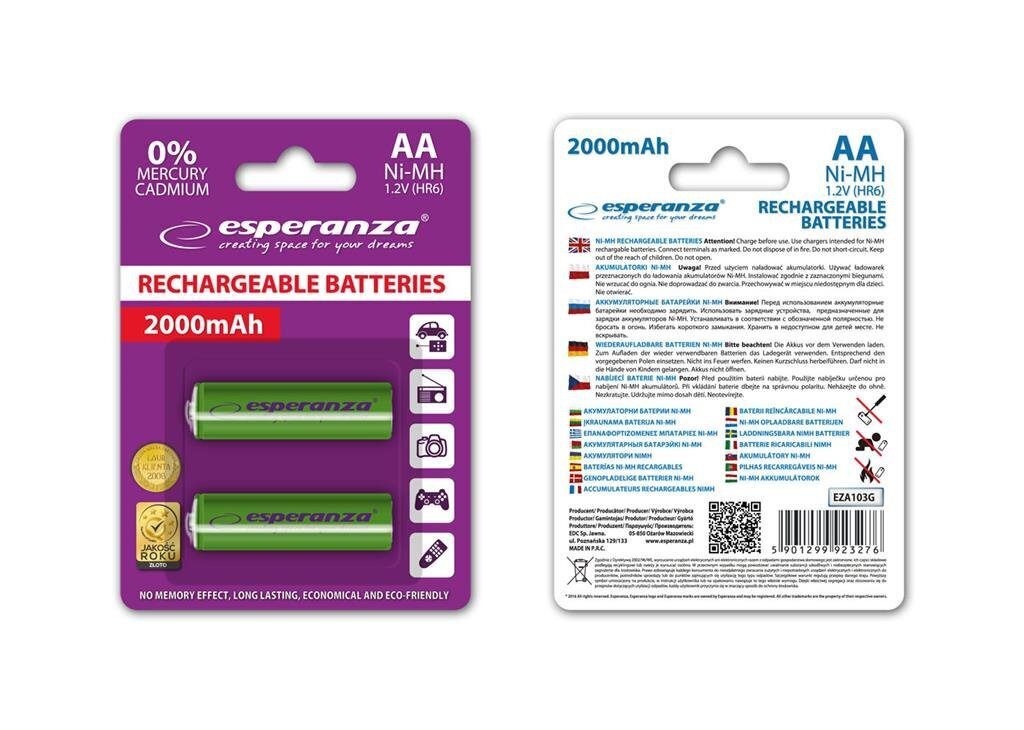 Esperanza EZA103G laetav aku Ni-MH AA 2000MAH x2 hind ja info | Patareid | kaup24.ee