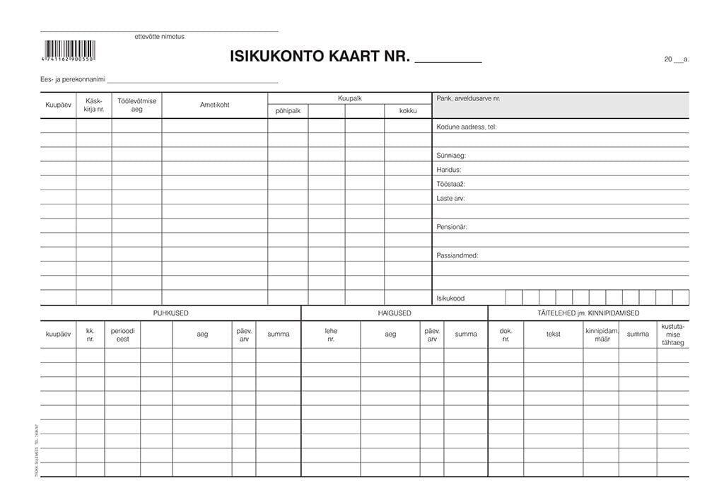 Blankett "Isikukonto kaart A4", laiuti hind ja info | Kirjatarbed | kaup24.ee
