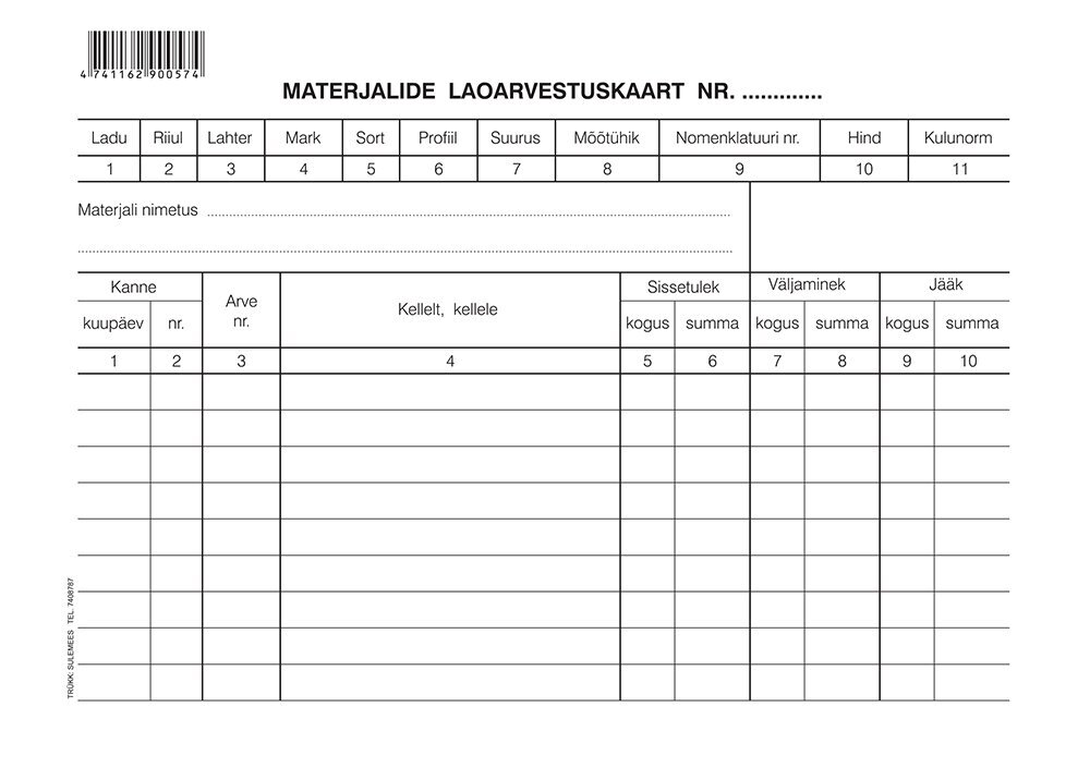 Blankett "Materjalide laoarvestuskaart A5", laiuti цена и информация | Kirjatarbed | kaup24.ee