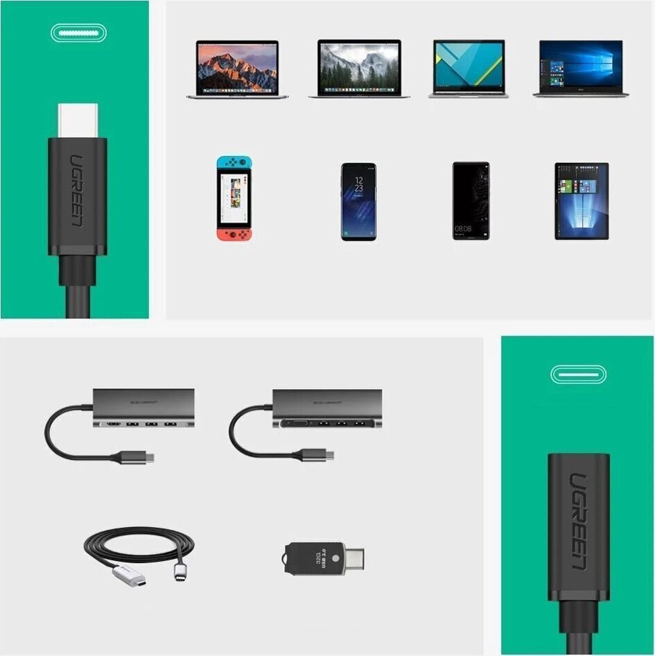 Pikenduskaabel USB Ugreen Type C 3.1 (female) - USB Type C 3.1 (male) 0,5 m, must (40574) hind ja info | Mobiiltelefonide kaablid | kaup24.ee