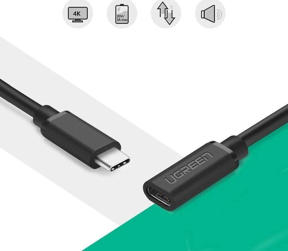 Pikenduskaabel USB Ugreen Type C 3.1 (female) - USB Type C 3.1 (male) 0,5 m, must (40574) hind ja info | Mobiiltelefonide kaablid | kaup24.ee