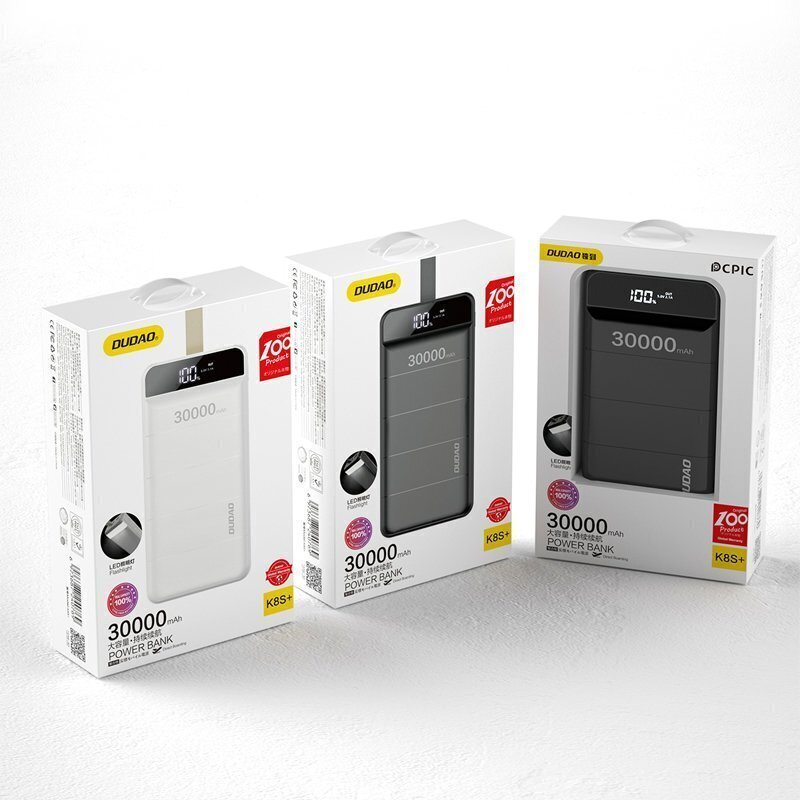 Akupank Dudao 30000 mAh 3x USB, LED lambiga, valge (K8s+ white) hind ja info | Akupangad | kaup24.ee