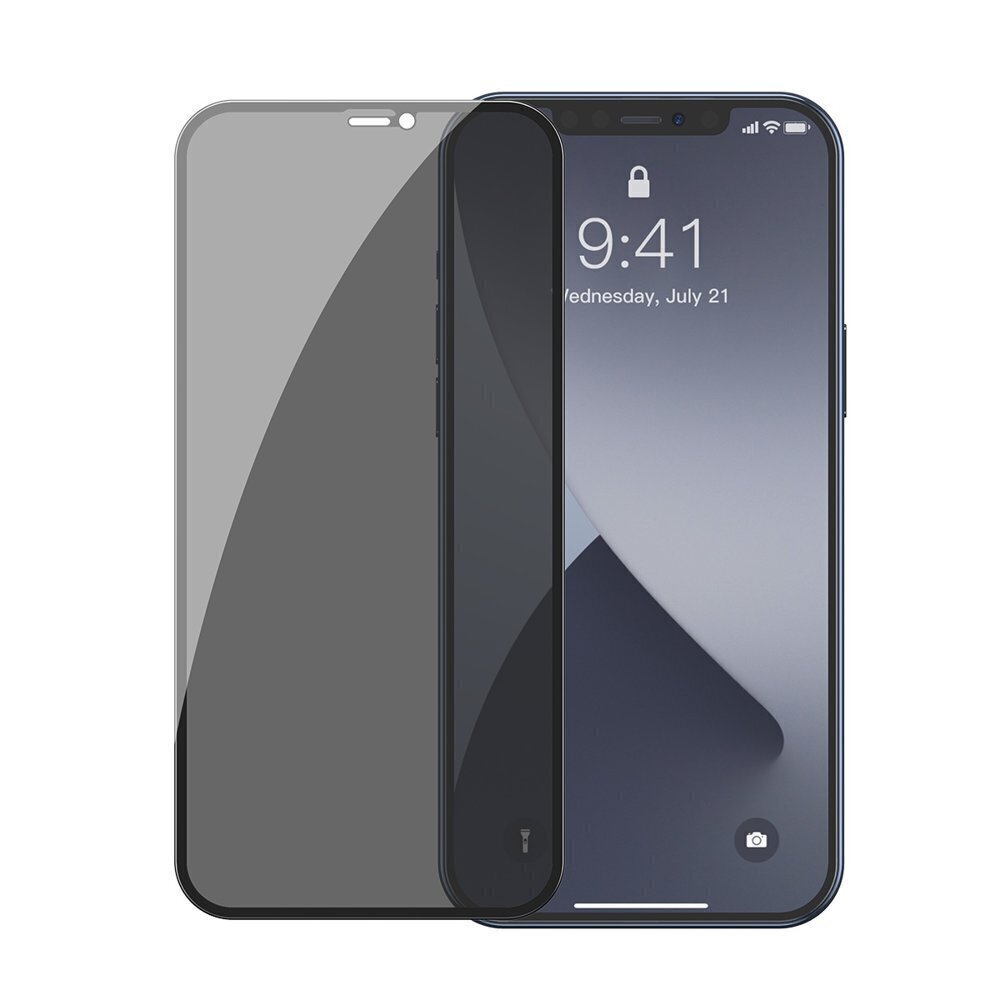 Kaitseklaas Baseus 2x Full screen 0,3 mm Anti Spy Light tempered glass with a frame telefonile iPhone 12 mini hind ja info | Ekraani kaitsekiled | kaup24.ee