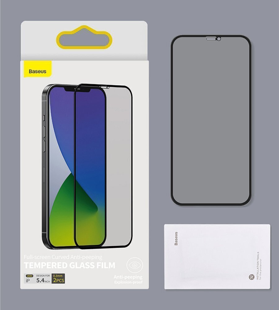 Kaitseklaas Baseus 2x Full screen 0,3 mm Anti Spy Light tempered glass with a frame telefonile iPhone 12 mini hind ja info | Ekraani kaitsekiled | kaup24.ee