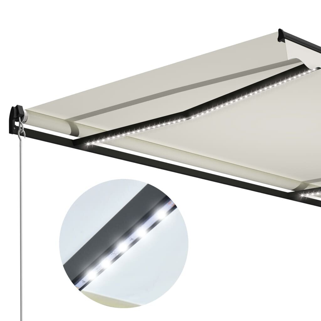 vidaXL käsitsi sissetõmmatav varikatus LEDiga 300 x 250 cm kreemjas hind ja info | Päikesevarjud, markiisid ja alused | kaup24.ee