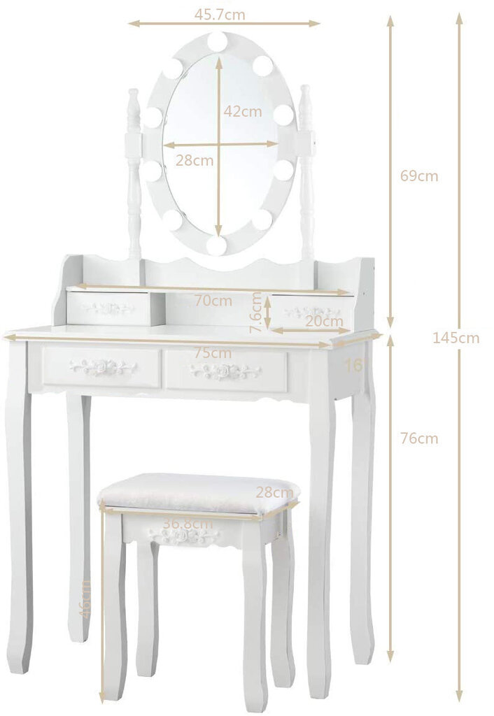 Kosmeetikalaud KS136 LED valgustuse ja pehme tooliga, valge цена и информация | Meigilauad | kaup24.ee