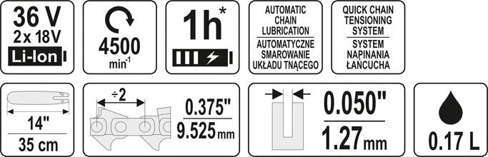 Juhtmevaba mootorsaag 14 "36V (ilma aku ja laadijata) Yato (YT-82813) цена и информация | Kettsaed, mootorsaed | kaup24.ee