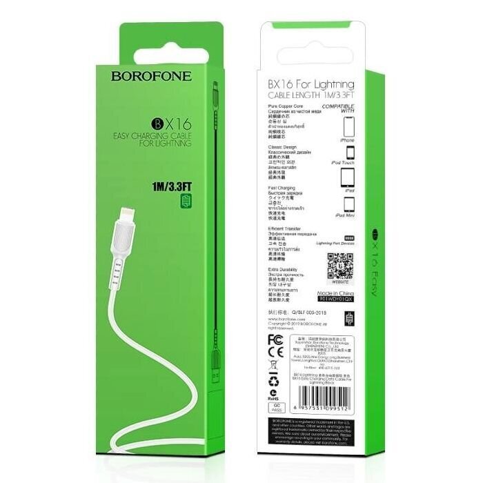 Borofone X16 iphone kaabel (MD818) 100 cm valge hind ja info | Mobiiltelefonide kaablid | kaup24.ee