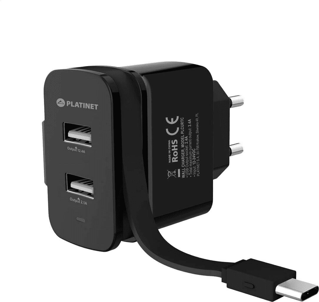 Seinalaadija 2xUSB + voolukaabel, tüüp C 3.4A [44654] hind ja info | Mobiiltelefonide laadijad | kaup24.ee