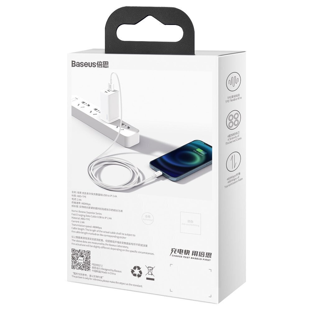 Baseus Superior Series Cable USB to Lightning, 2.4A, 1m (white) hind ja info | Mobiiltelefonide kaablid | kaup24.ee