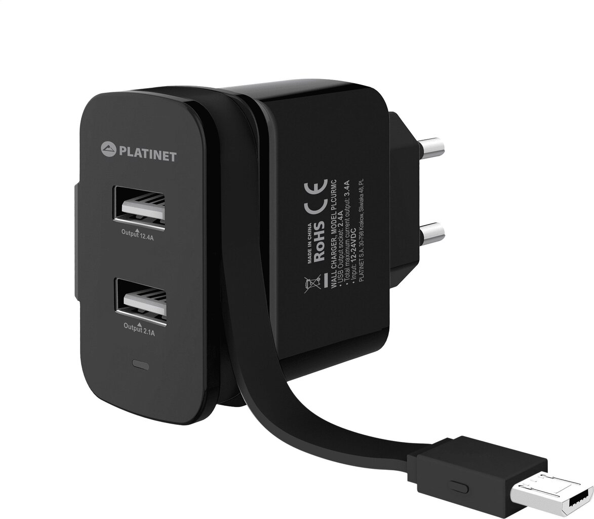 Seinalaadija 2xUSB + ülestõstetav kaabel Micro USB 3.4A [44653] hind ja info | Mobiiltelefonide laadijad | kaup24.ee