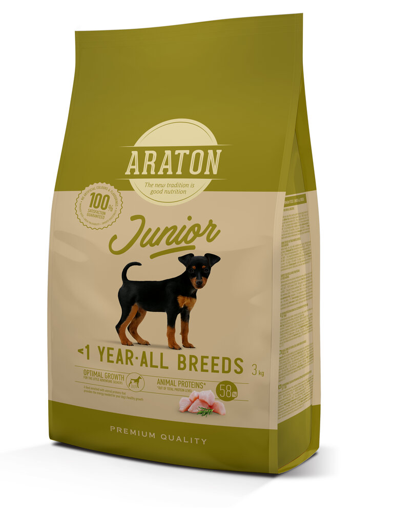 Araton Dog Junior kuivtoit noortele koertele, 3 kg hind ja info | Kuivtoit koertele | kaup24.ee