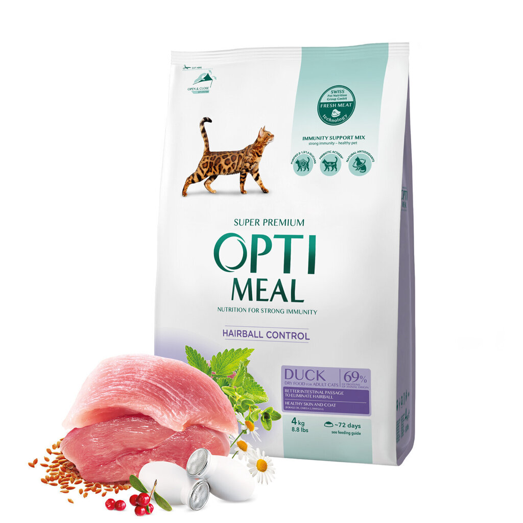 Optimeal Super Premium HAIRBALL Täisväärtuslik kuivtoit täiskasvanud kassidele pardiga, 4 kg hind ja info | Kuivtoit kassidele | kaup24.ee