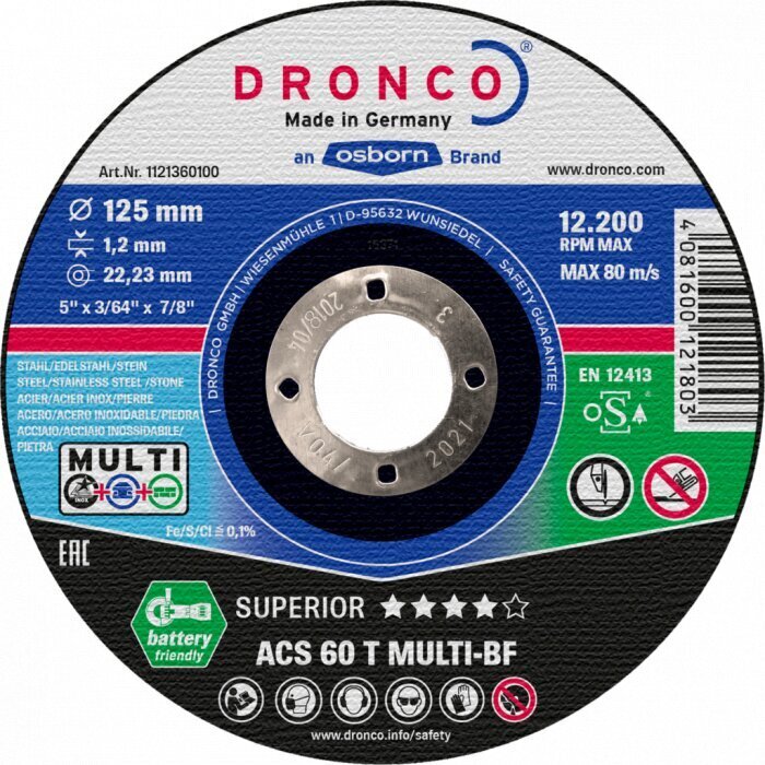 Lõikeketas DRONCO ACS 46 / ACS 60 T MULTI T41 (125 x 1,2 x 22,23) цена и информация | Akutrellid, kruvikeerajad | kaup24.ee