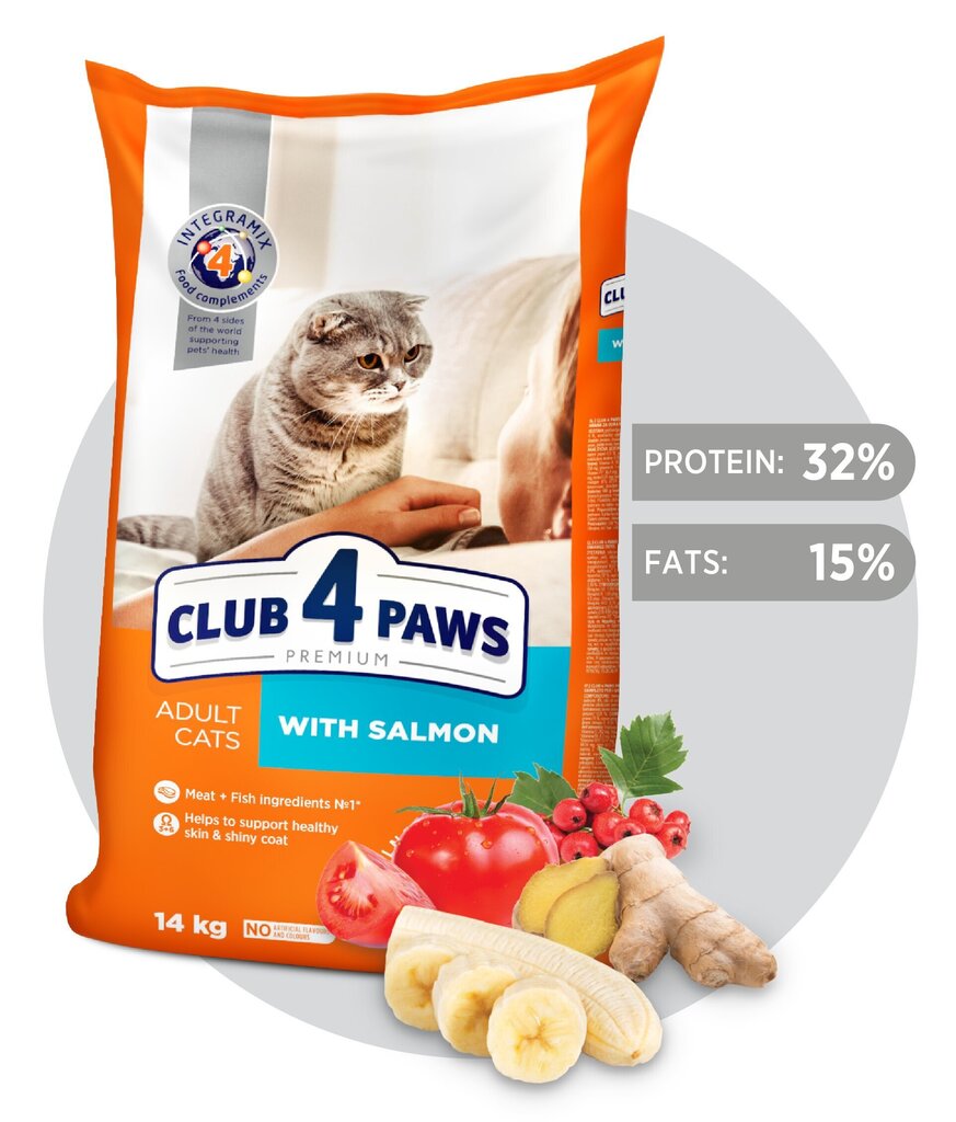 CLUB 4 PAWS Premium täisväärtuslik kuivtoit täiskasvanud kassidele lõhega, 14kg hind ja info | Kuivtoit kassidele | kaup24.ee
