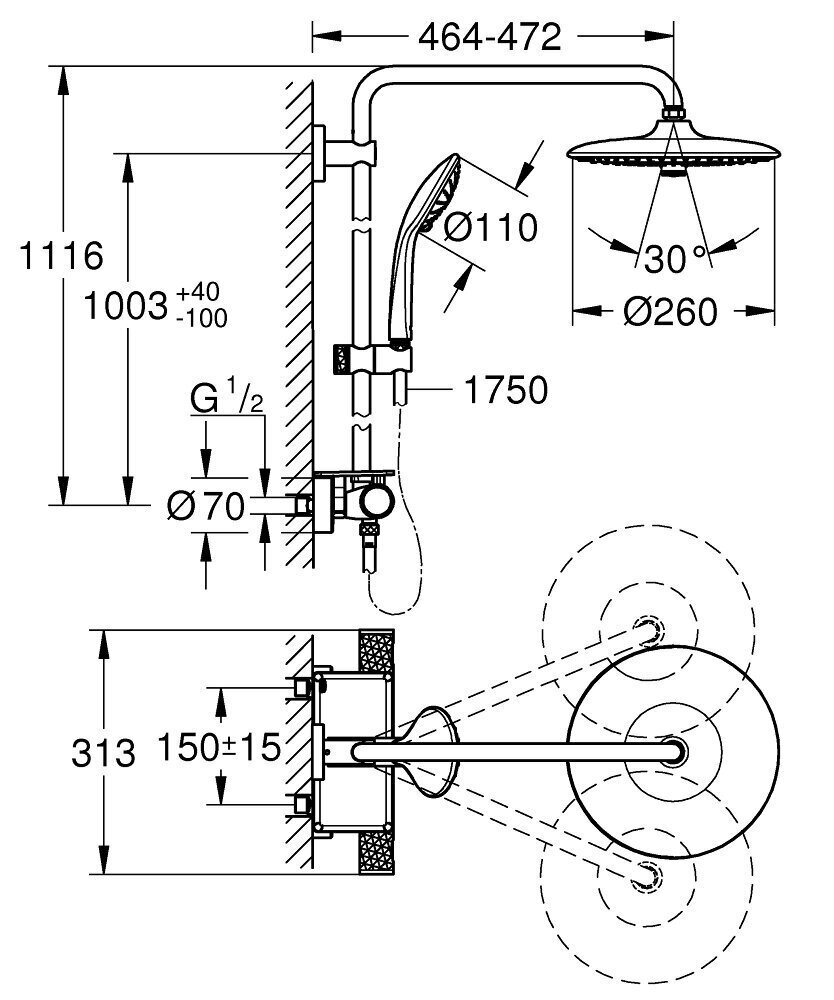 GROHE Vitalio Joy 260 termostaatdušisüsteem 3 vooluga 260 mm vihmapea ja 3 vooluga 110 mm dušiga, vett säästev, kroom, 26403002 цена и информация | Komplektid ja dušipaneelid | kaup24.ee