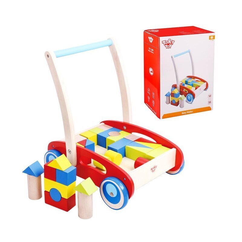 Puidust jalutuskäru värviliste klotsidega Tooky Toy hind ja info | Imikute mänguasjad | kaup24.ee