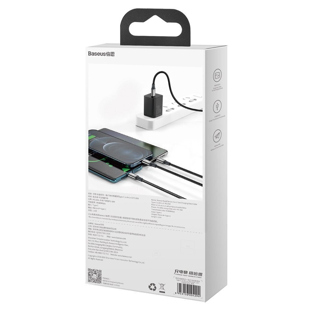 Kaabel Baseus Rapid 3in1 USB Type C - USB Type C / Lightning / micro USB, 20 W 1,5 m (CAMLT-SC01) цена и информация | Mobiiltelefonide kaablid | kaup24.ee