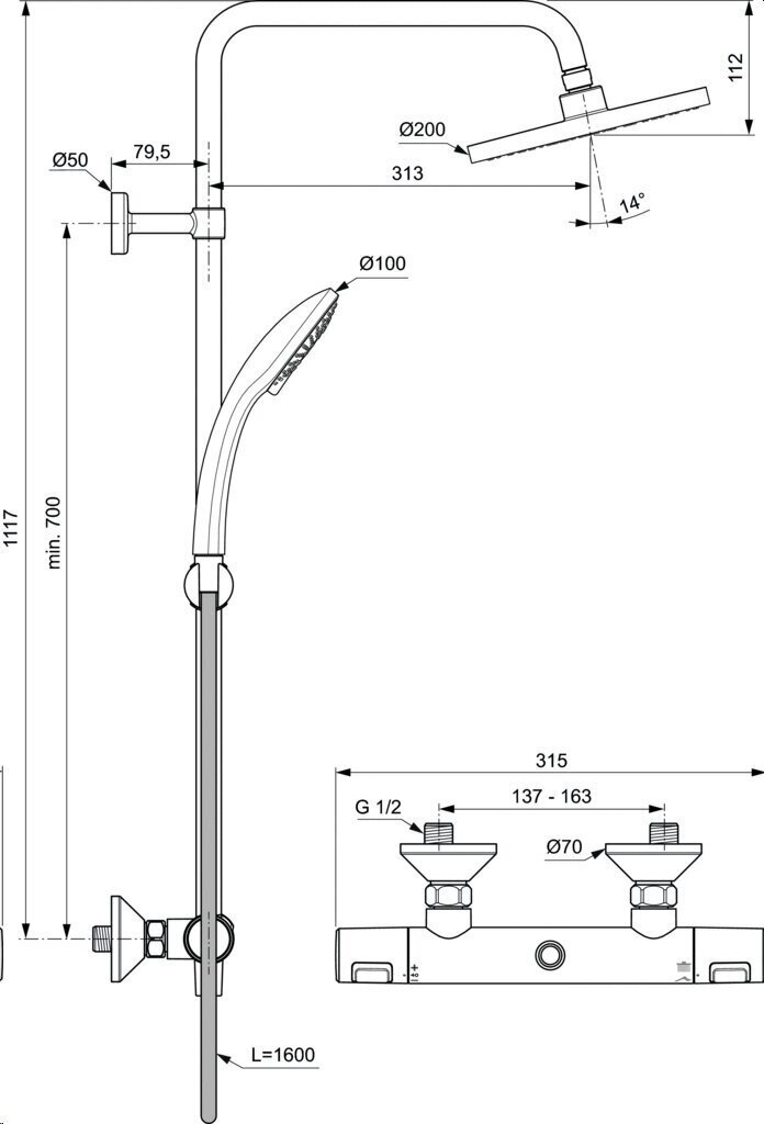 Termostaatiline dušisüsteem Ideal Standard Ceratherm T25 segistiga Ceratherm T25, dušš Ø200 mm ja käsidušš Idealrain 100 mm, A7208AA hind ja info | Komplektid ja dušipaneelid | kaup24.ee