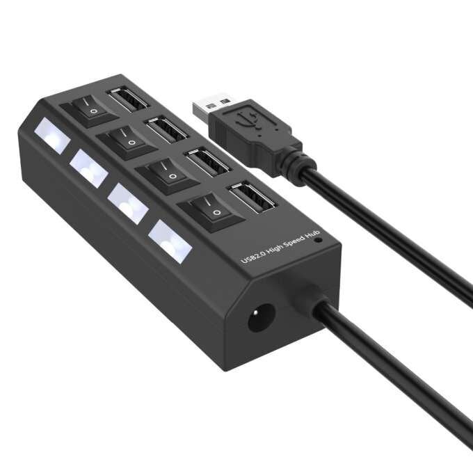 RoGer USB Hub - Splitter 4 x USB 2.0 with Separate On / Off Buttons Black цена и информация | USB jagajad, adapterid | kaup24.ee