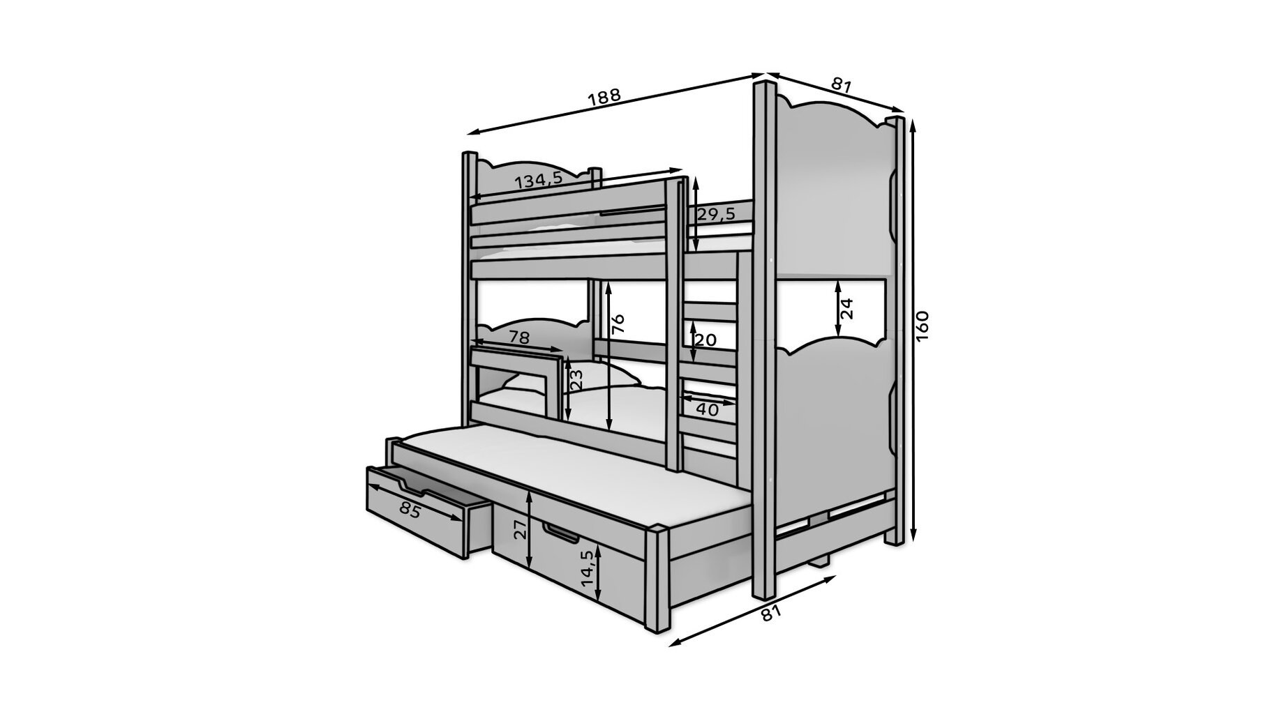 Narivoodi Adrk Furniture Leticia, 180x75/172x75 cm, valge цена и информация | Lastevoodid | kaup24.ee