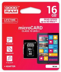 Mälukaart Goodram microSD 16Gb (class 10) + SD adapter hind ja info | Mobiiltelefonide mälukaardid | kaup24.ee