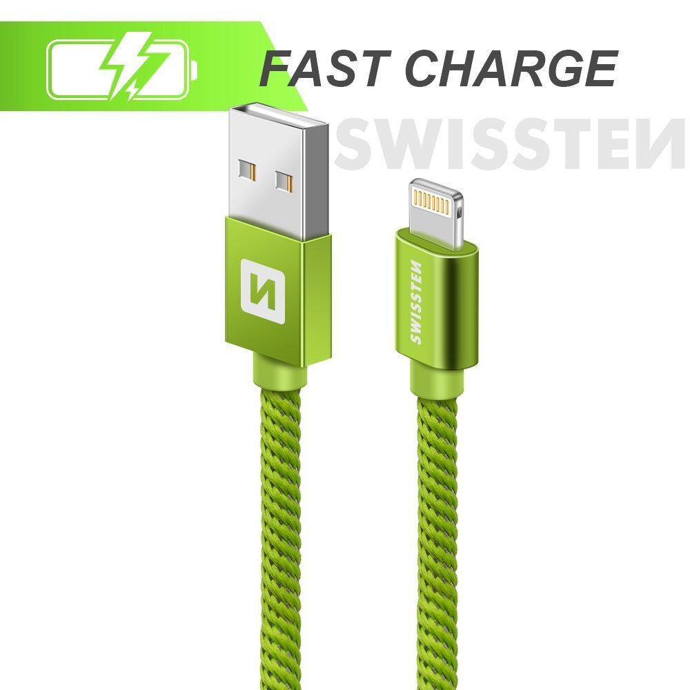 Swissten Textile Fast Charge 3A Lighthing (MD818ZM/A) Data and Charging Cable 2m Green цена и информация | Kaablid ja juhtmed | kaup24.ee