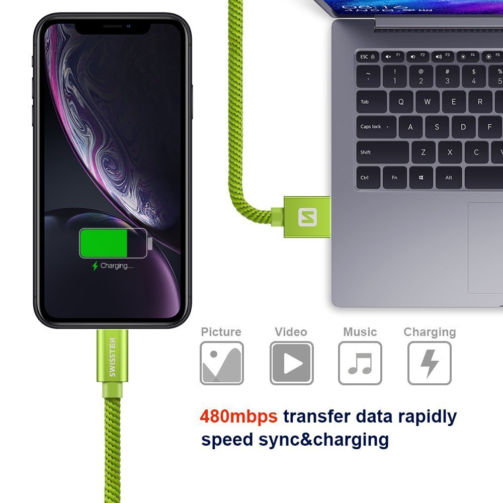 Swissten Textile Fast Charge 3A Lighthing (MD818ZM/A) Data and Charging Cable 2m Green цена и информация | Kaablid ja juhtmed | kaup24.ee