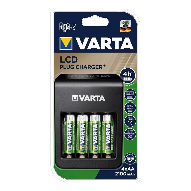 Universaalne laadija Varta LCD Plug-Plus 4 AA 2100 mach 4 kanalit PP3 57687 hind ja info | Akulaadijad | kaup24.ee