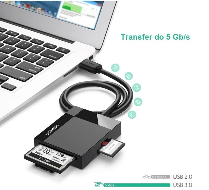 Ugreen CR125 USB 3.0 kaardilugeja, 1 m, must цена и информация | USB jagajad, adapterid | kaup24.ee