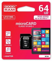 Mälukaart Goodram micro SDXC 64GB Class 10 +adapter hind ja info | GoodRam Mobiiltelefonid, foto-, videokaamerad | kaup24.ee