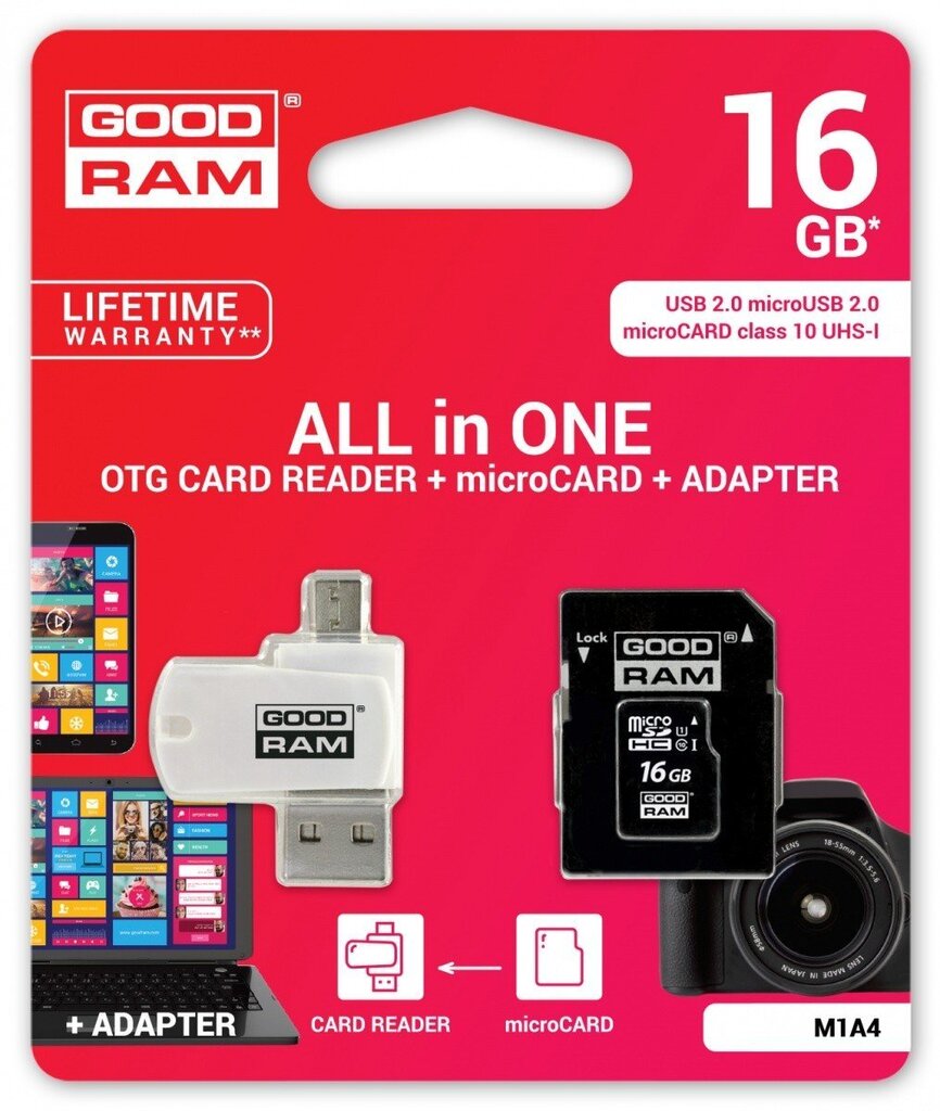 Mälukaart GoodRam microSDHC 16GB CL10 +adapter +kaardilugeja hind ja info | Mobiiltelefonide mälukaardid | kaup24.ee
