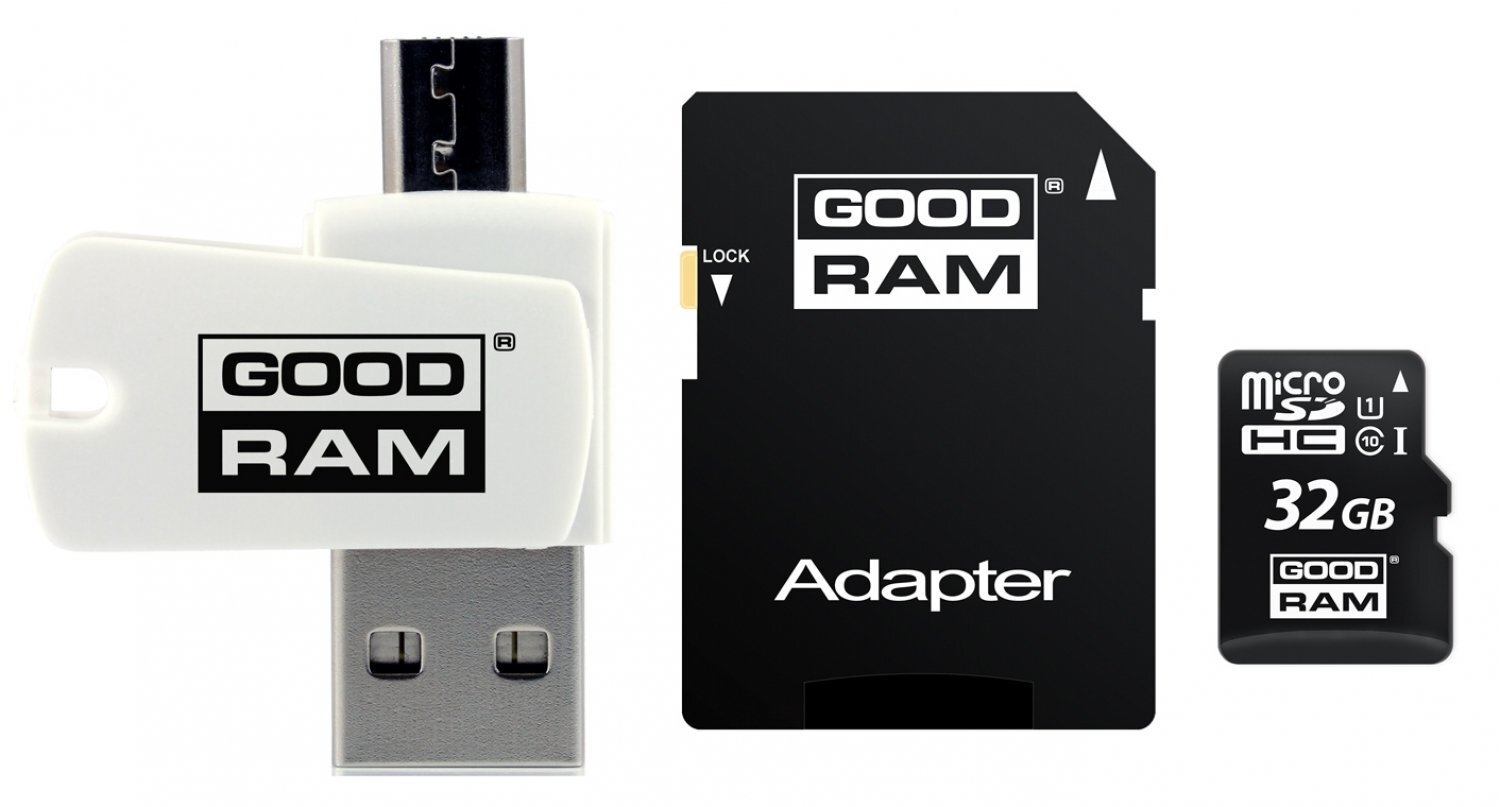 Mälukaart GoodRam microSDHC 32GB CL10 +adapter +kaardilugeja цена и информация | Mobiiltelefonide mälukaardid | kaup24.ee