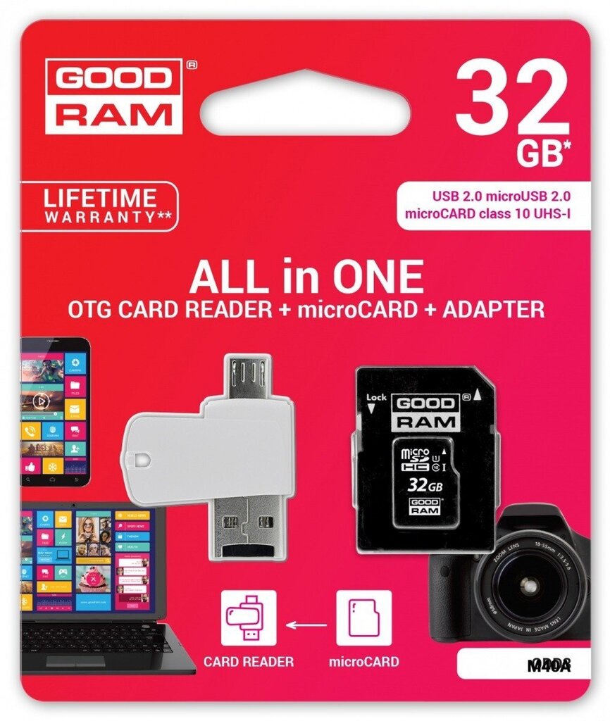 Mälukaart GoodRam microSDHC 32GB CL10 +adapter +kaardilugeja hind ja info | Mobiiltelefonide mälukaardid | kaup24.ee